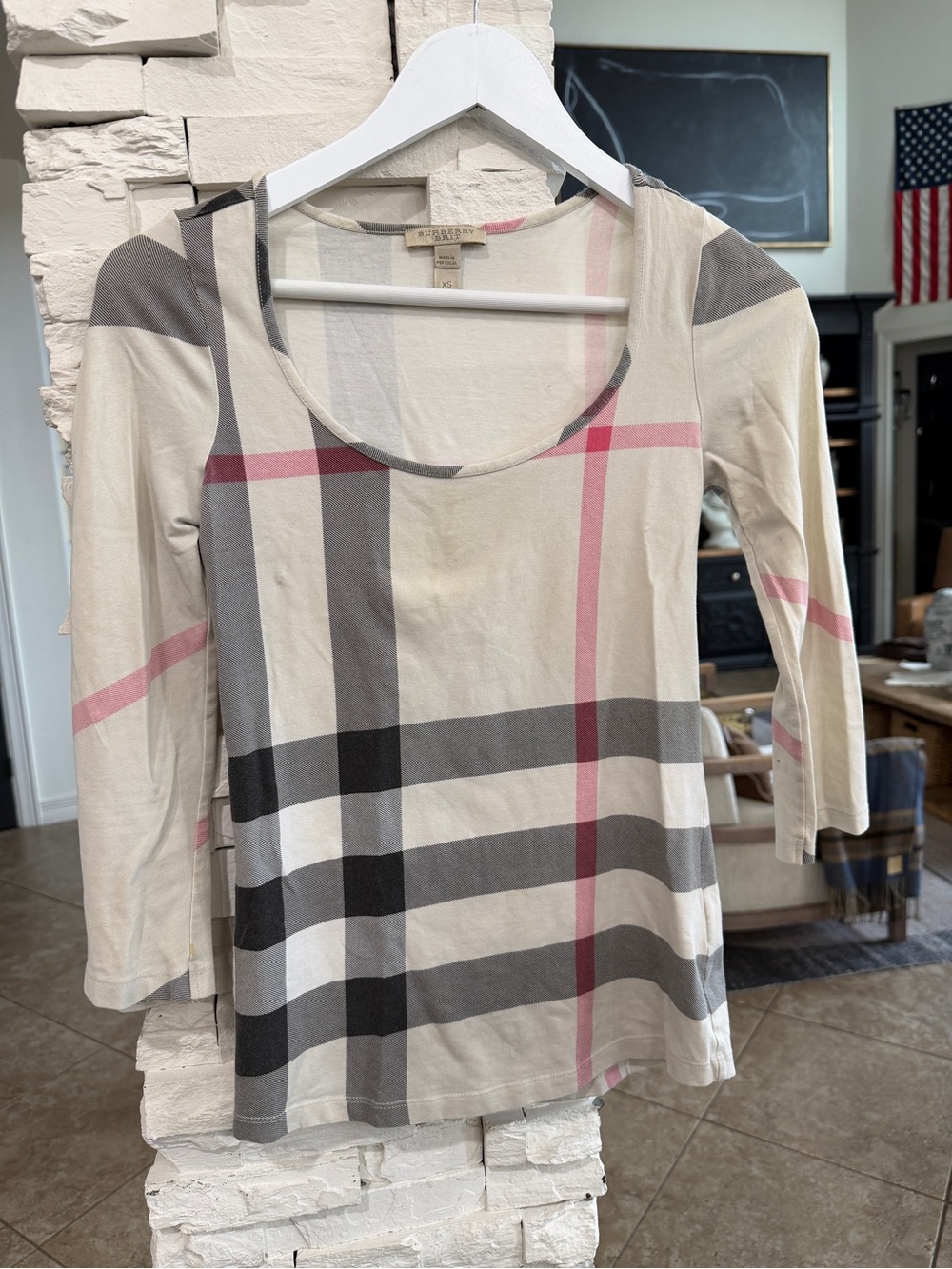 Burberry Beige Plaid Scoop Neck Long Sleeve Top with Pink & Gray Accents